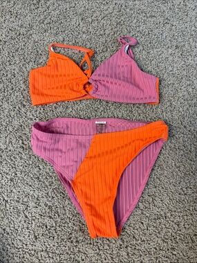 SHEIN Pink and Orange Ribbed Colorblock Girls Bikini Set